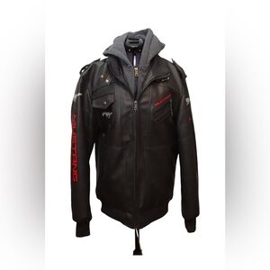 Faux Leather Gray hooded Mustang Motorcycle Jacket Medium Men's